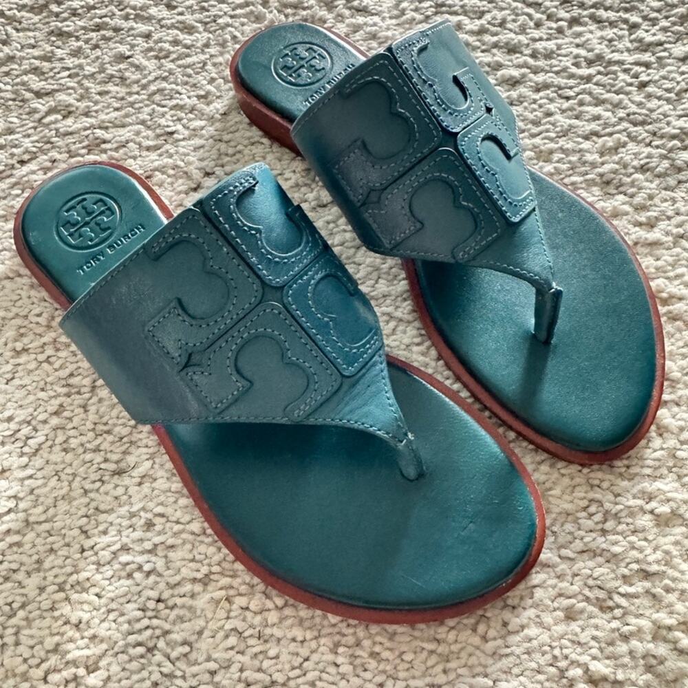 Tory Burch Jamie Calf Leather Logo Thong Sandals Sz 5 Blue